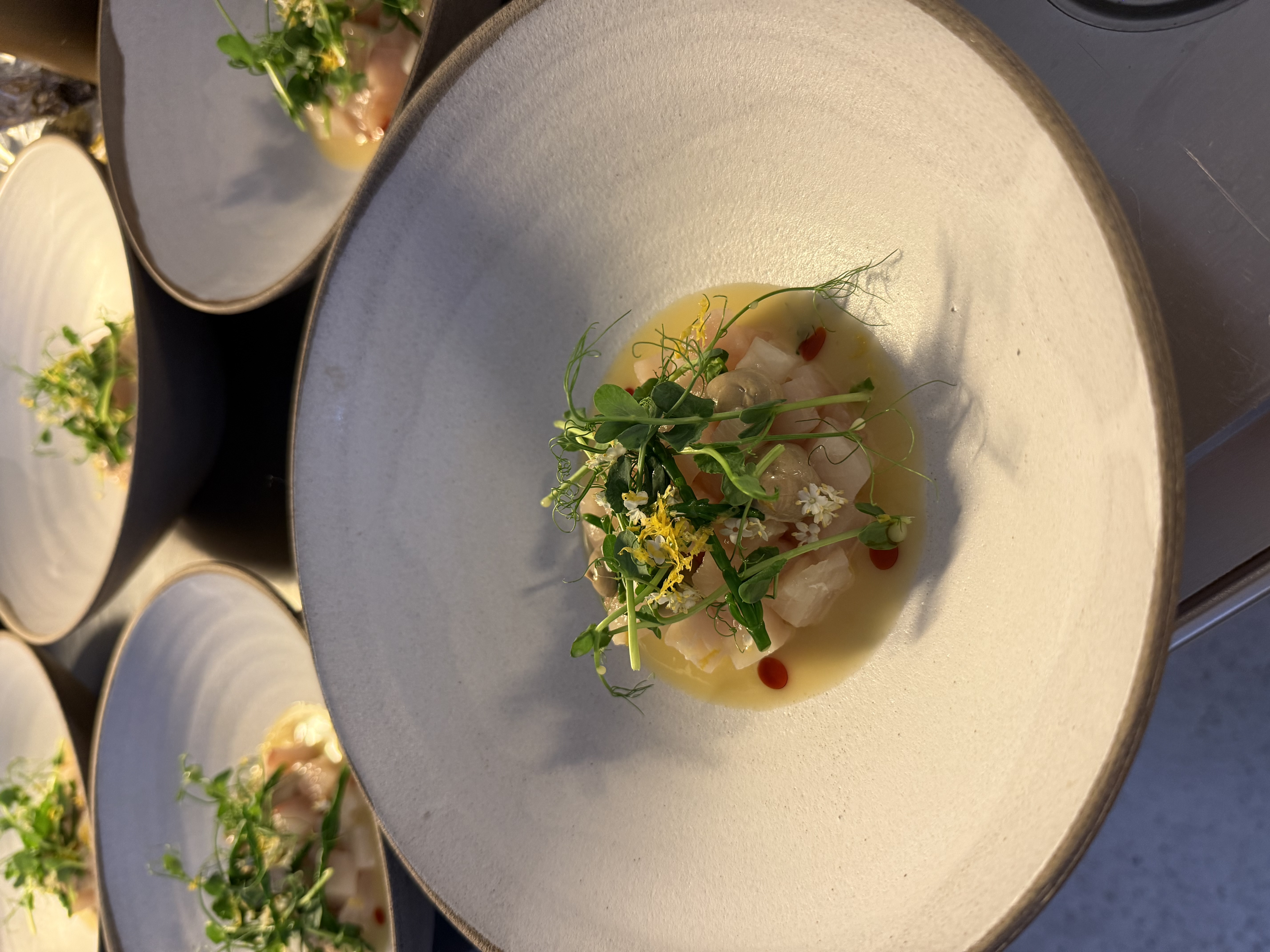 Crudo with peashoots, flowers and citrus broth